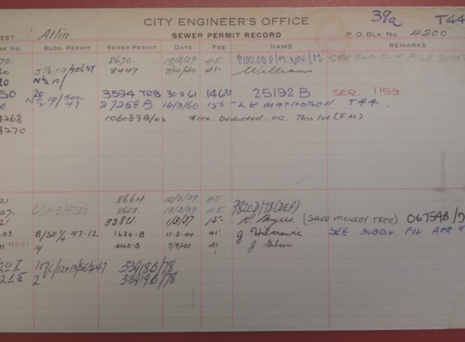 Sewer permit card for the 4200 block of Atlin Street. Reference code: COV-S723-F07