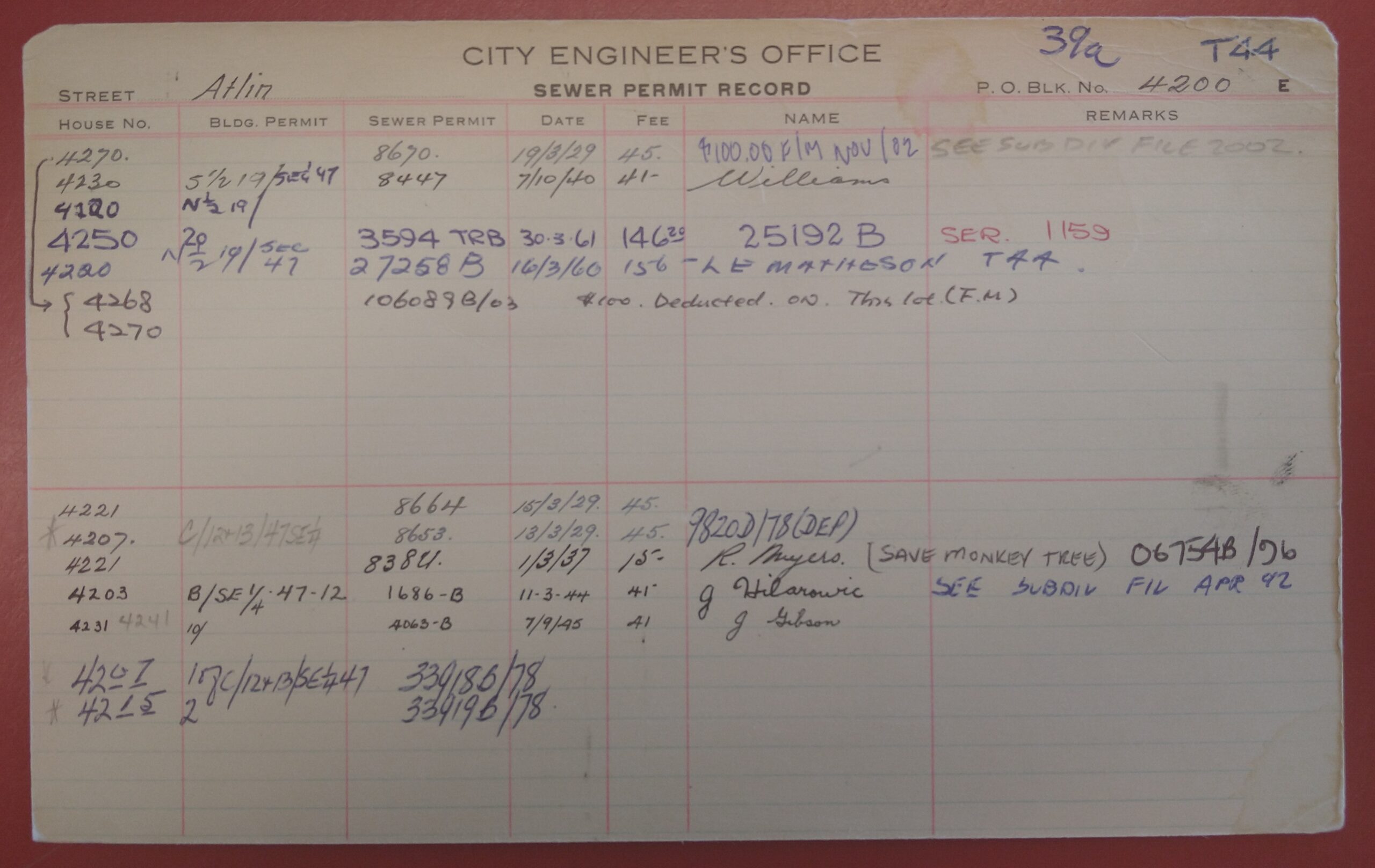 Sewer permit card for the 4200 block of Atlin Street. Reference code: COV-S723-F07