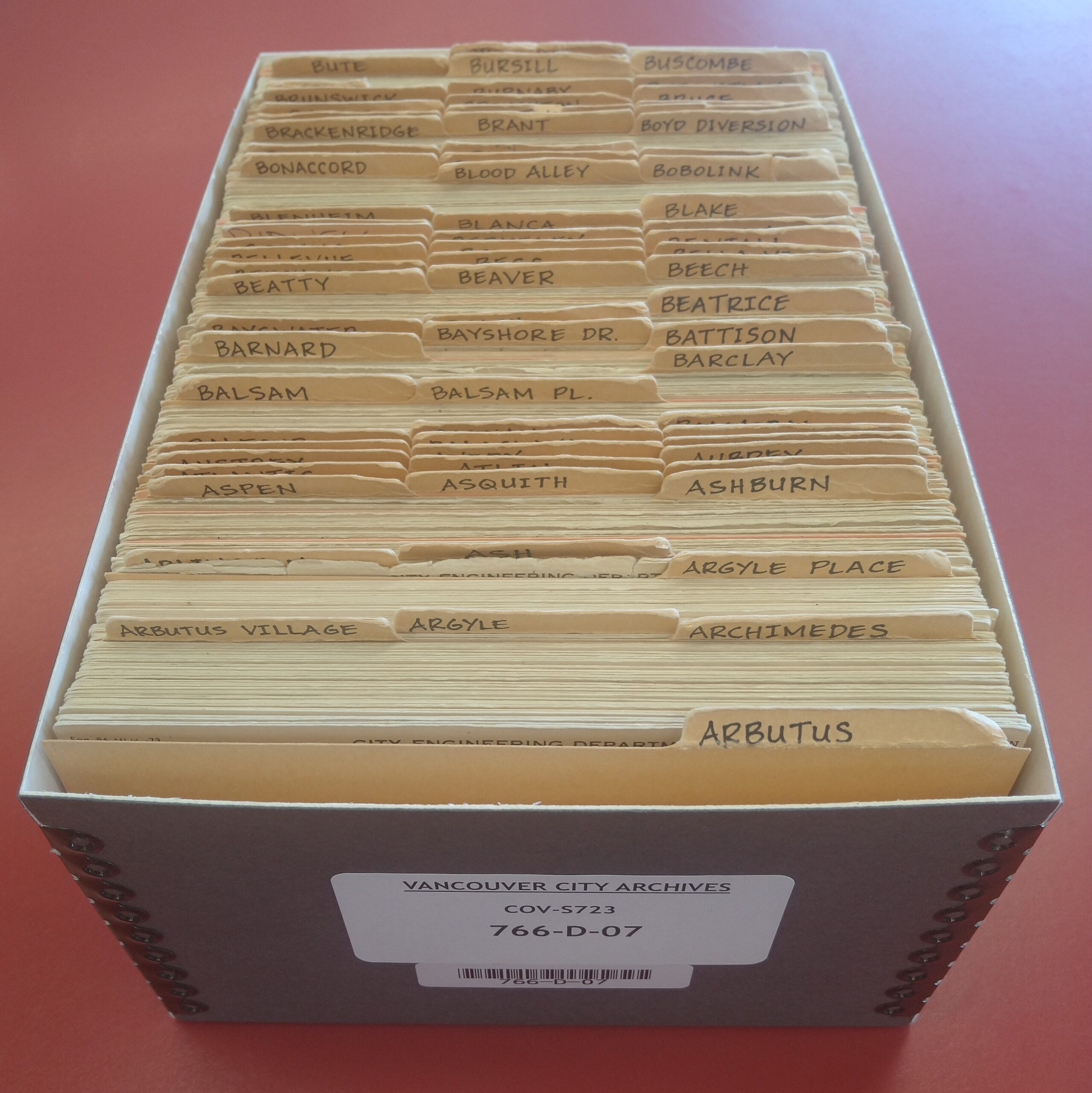 A box of sewer permit cards for streets Arbutus to Butler. Reference code: COV-S723-F07