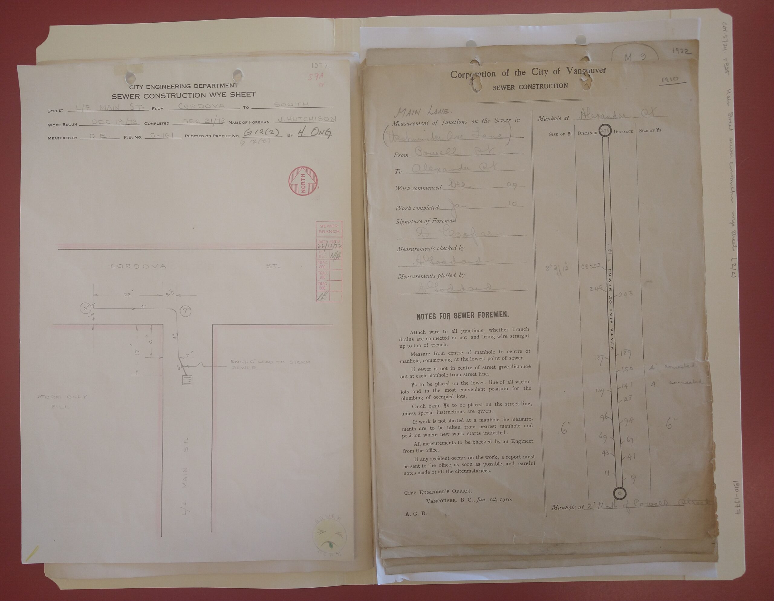 Two examples of wye sheets for Main Street, one dated 1972 (left) and the other 1910 (right). Reference code: COV-S724-F325