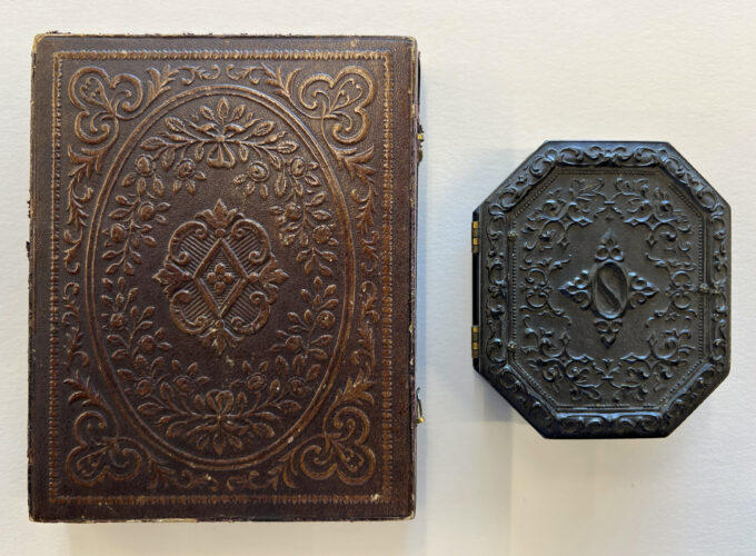 Examples of ornate cases: (Left) Tooled leather covering on a wooden case. Reference code: AM1368-S3-: 2000-018.810. (Right) A Union case. Reference code: AM236. Photo: Dorcas Tong.