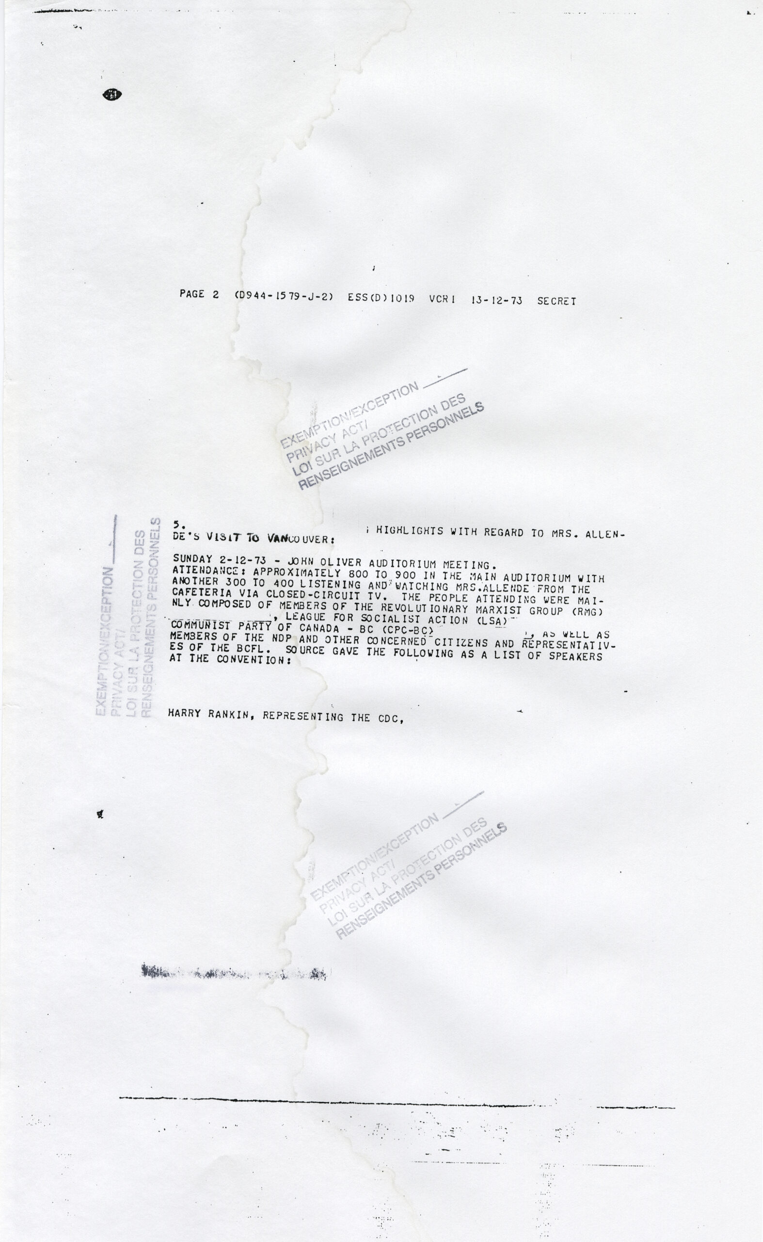 Surveillance report from Series 1 – RCMP surveillance files. Reference code: AM1691-S1-F42