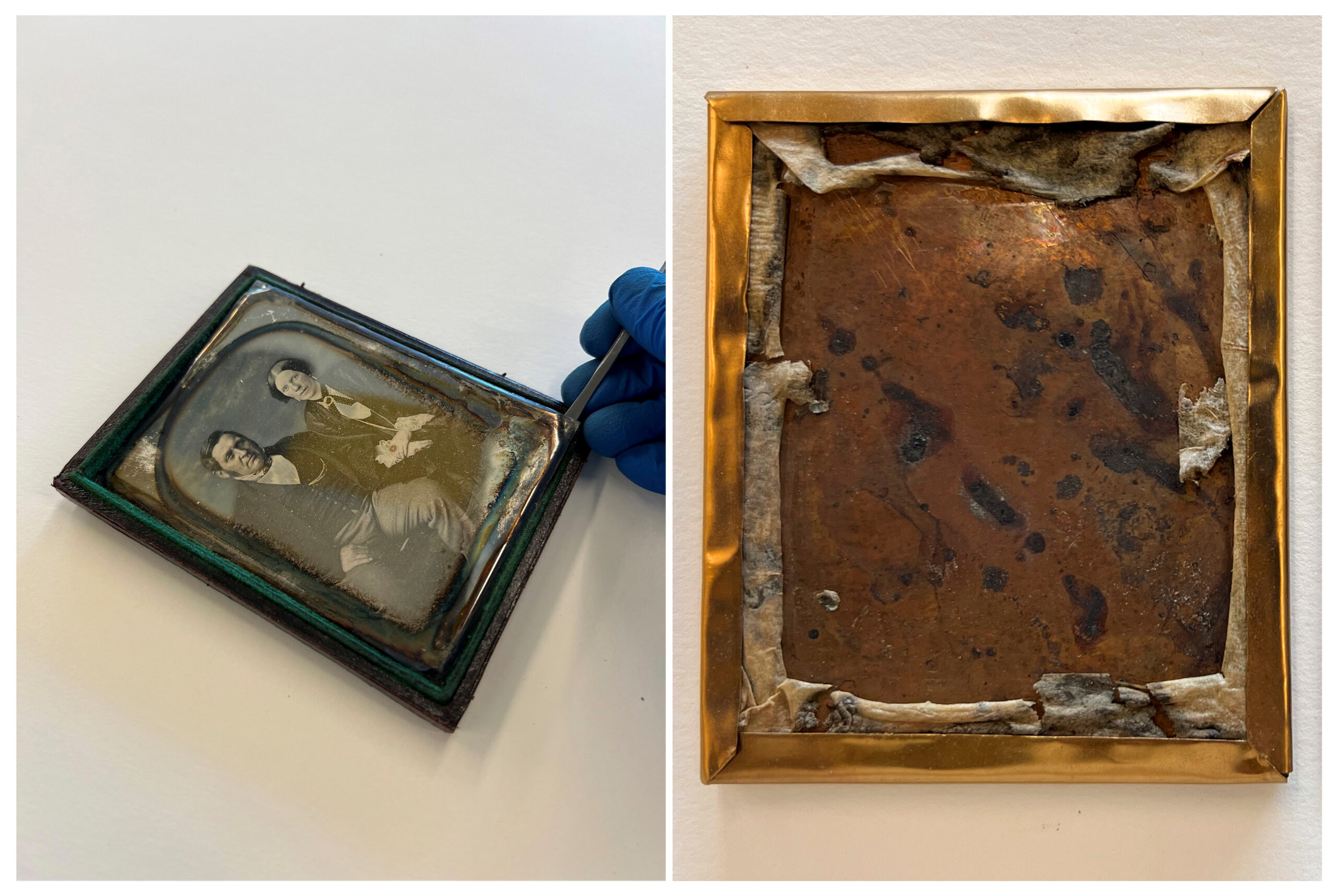 A daguerreotype is separated from its tray case with a microspatula (left), revealing the tarnished image silver caused by the brass mat. The remnants of old sealing tape are visible on the back of a packaged plate (right). Photos: Dorcas Tong.