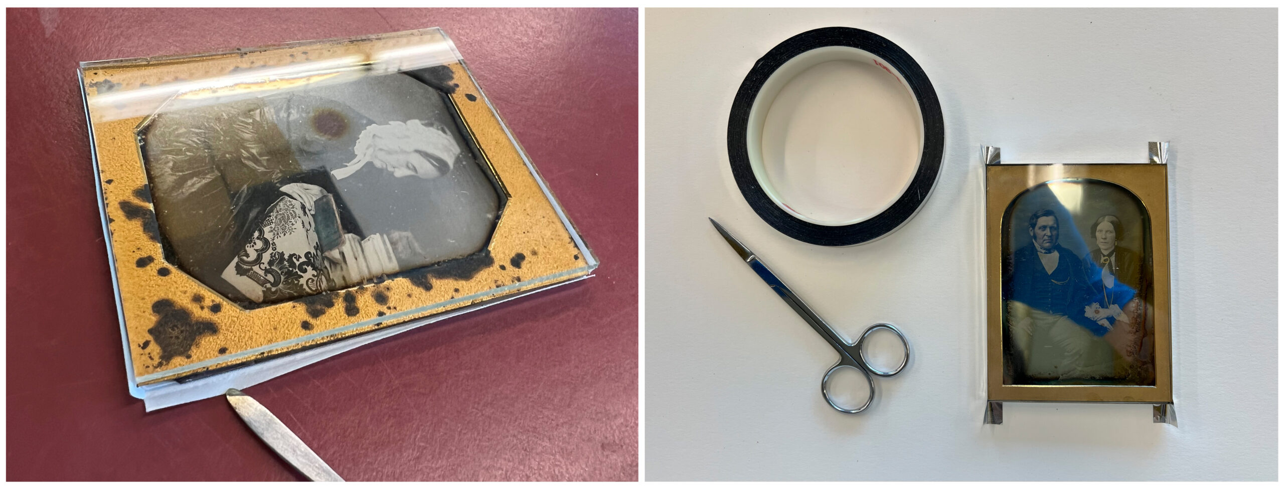 An unbuffered, ‘4-flap’ paper enclosure in a daguerreotype package (left) and a plate package being sealed with archival quality pressure-sensitive tape (right). Photos: Dorcas Tong.