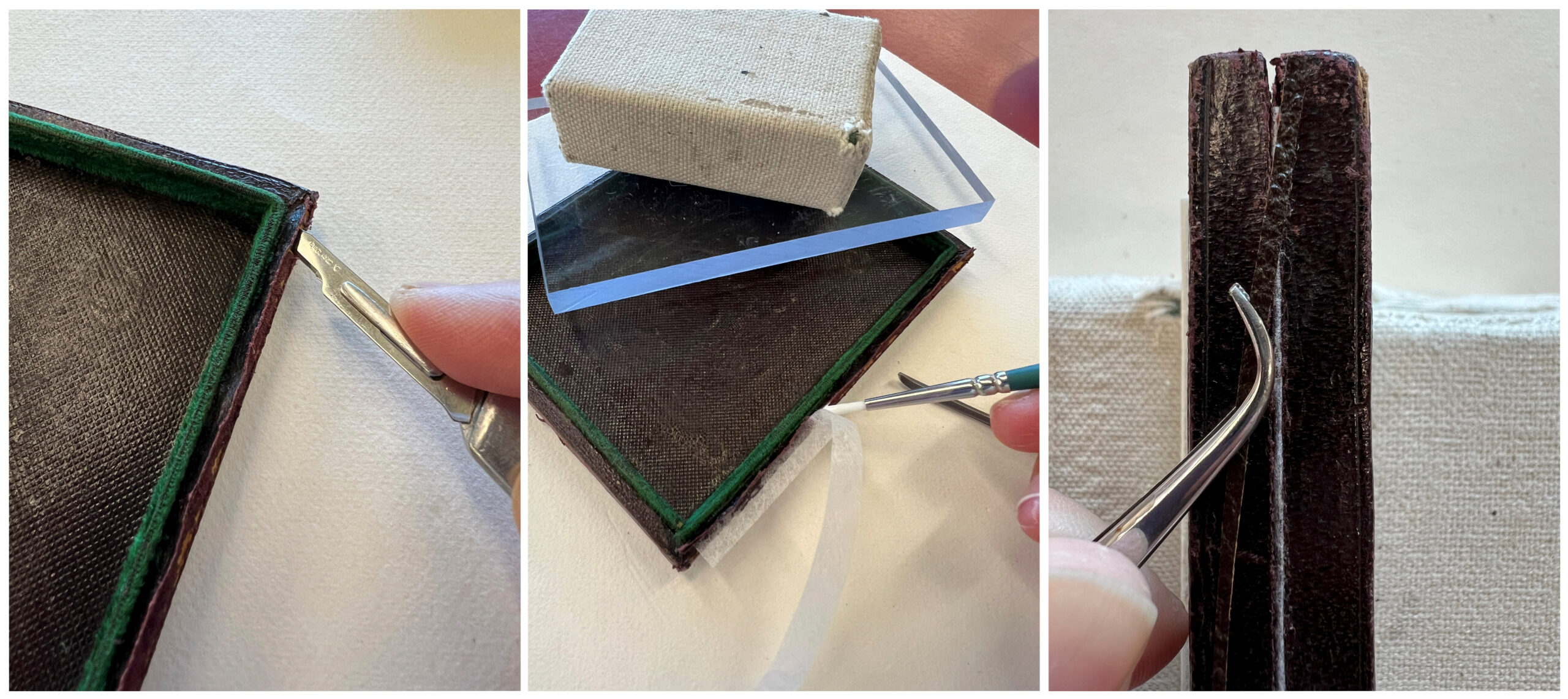 During treatment, repairing a broken joint in a hinged case: carefully delaminating the original leather covering from the wooden case with a scalpel (left); inserting a non-woven, spunbonded polyester fabric as a new joint under the original leather (centre); and adhering a new strip of pared leather to visually integrate the repair with the original covering material (right). Photos: Dorcas Tong.