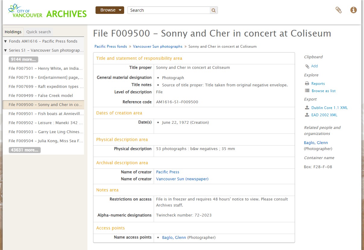 The full file-level description of the images of Sonny and Cher when they played the Coliseum