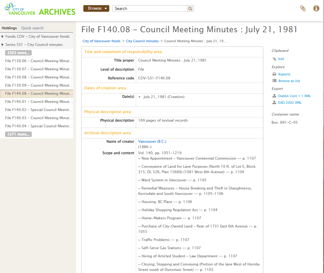 Screenshot of a new file-level description for a 1981 Council meeting with all the agenda information provided in the Scope and content note. A digital access copy will be attached to the description in the near future. Reference code: COV-S31-F140.08