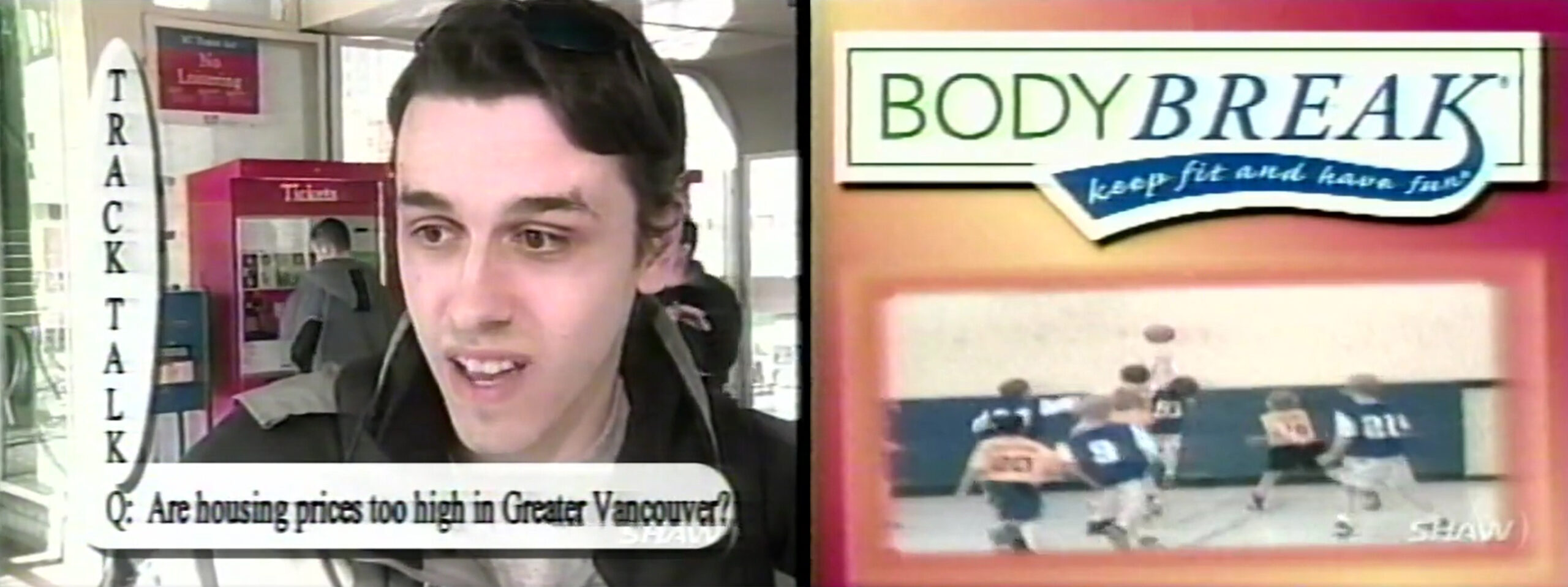 Left: A still from Track Talk which posed questions to SkyTrain riders. Reference code: AM1487-F10-: 2020-040.13 Right: This still is from an episode of BodyBreak, hosted by Hal Johnson and Joanne McLeod. Reference code: AM1487-F10-: 2020-040.19